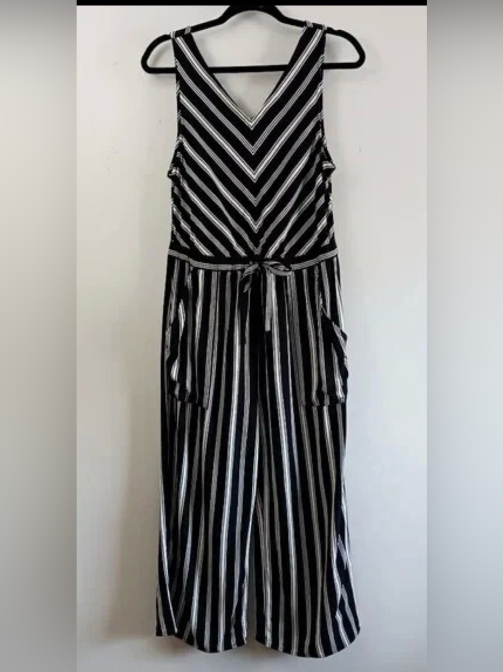 Fred David Jumpsuit Women S Black White Stripes Sleeveless Cropped Preppy Casual